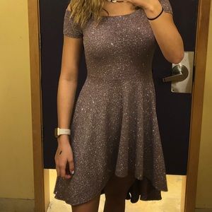 off the shoulder purple sparkled dress